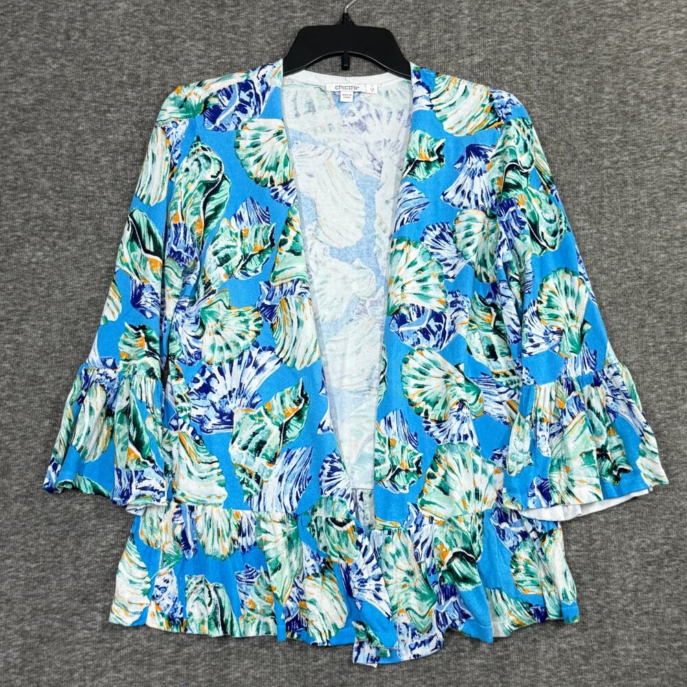 Chicos Size 1 Cardigan Large Open Blue White Sea Shells Linen Blend Tropical